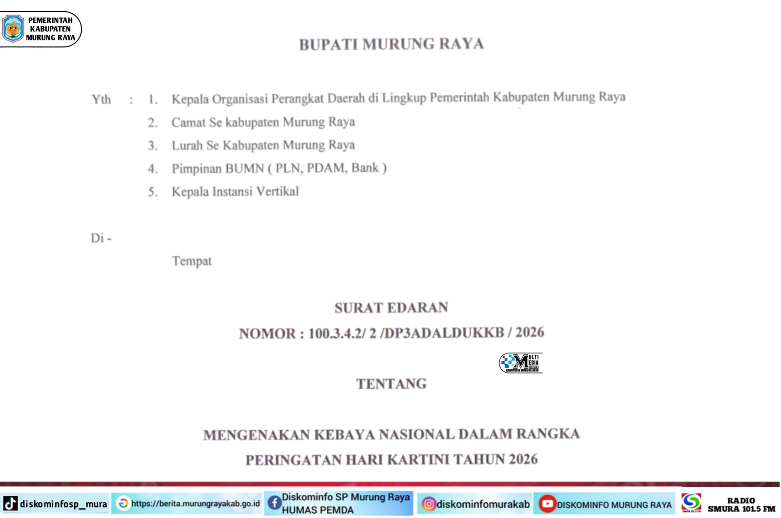 Surat edaran Pemerintah Kabupaten Murung Raya tentang mengenakan Kebaya Nasional dalam rangka peringatan Hari Kartini tahun 2026, bernomor 100.3.4.2/2/DP3ADALDUKKBY/2026.