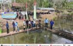 Heriyus menghadiri panen raya ikan nila bersama Pokdakan Pakat Sasama di Murung Raya, dengan warga berdiri di jembatan kolam dan spanduk kegiatan.