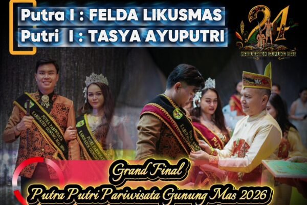Malam Grand Final Putra Putri Pariwisata Gunung Mas 2026 menobatkan Felda Likusmas dan Tasya Ayuputri sebagai juara utama dari Sepang.