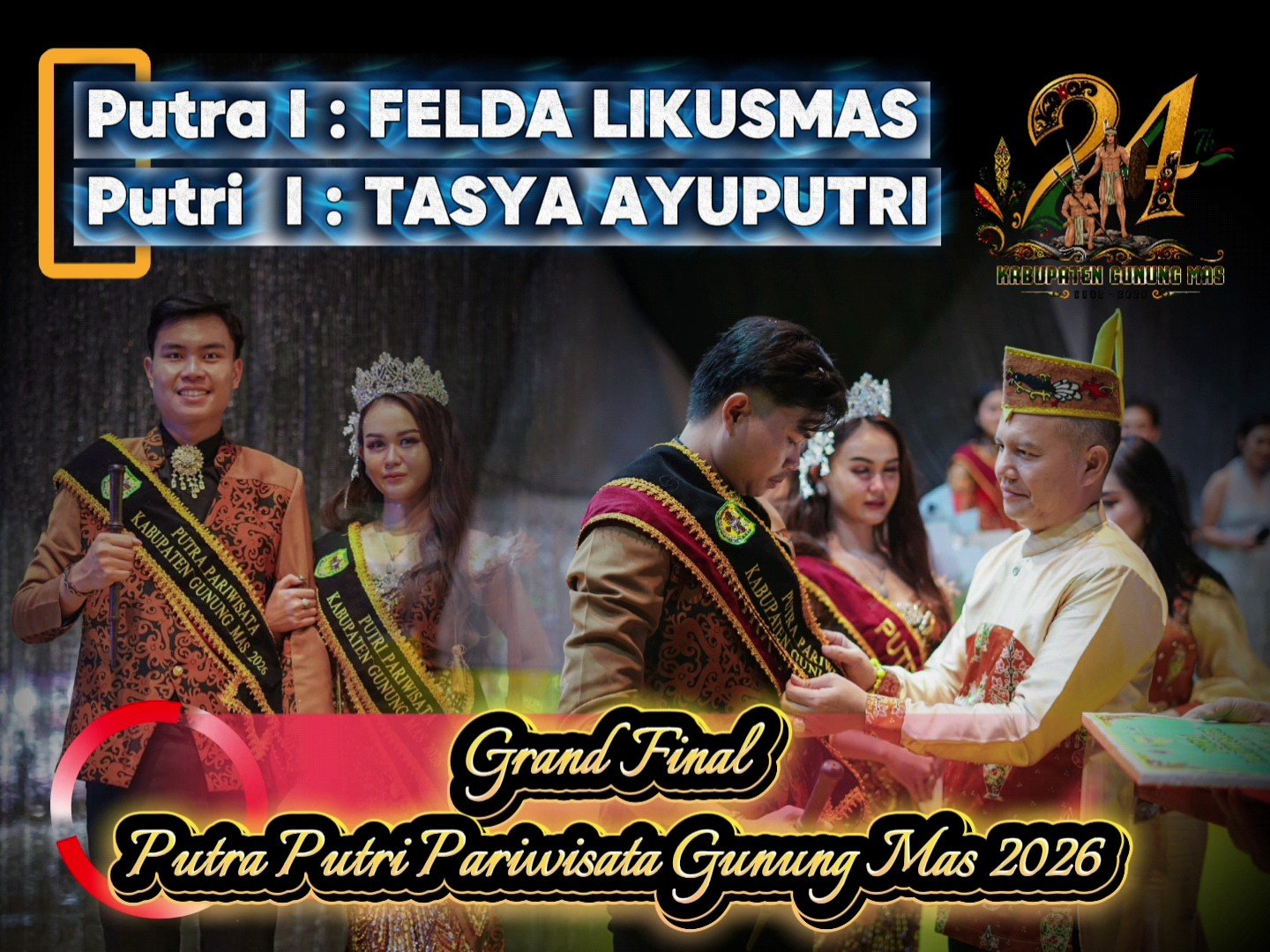 Malam Grand Final Putra Putri Pariwisata Gunung Mas 2026 menobatkan Felda Likusmas dan Tasya Ayuputri sebagai juara utama dari Sepang.