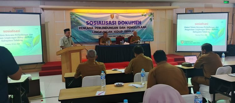 Wakil Bupati Tabalong berbicara di podium saat sosialisasi RPPLH 2026–2056, disaksikan peserta rapat dan layar presentasi di aula hotel.