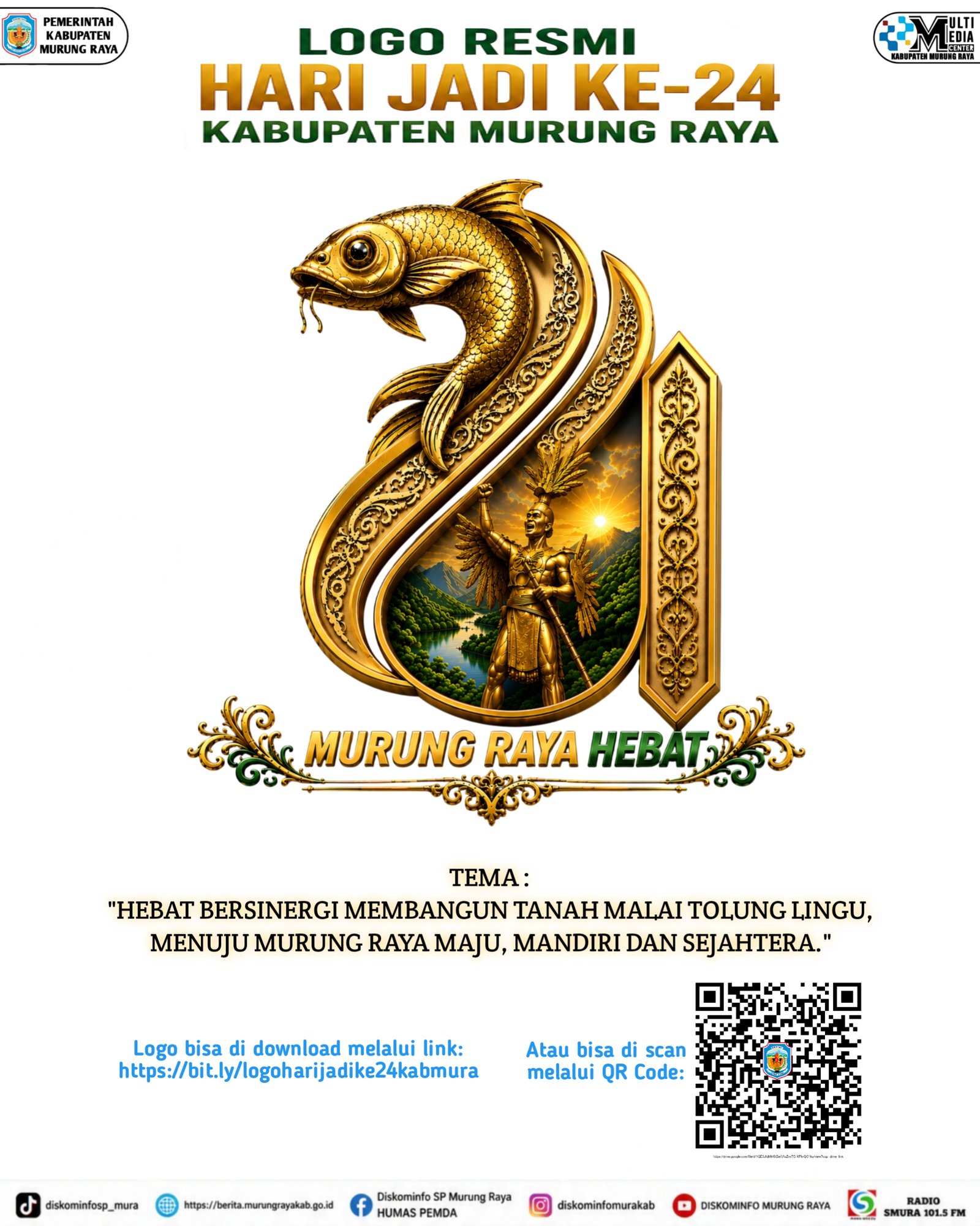 Logo resmi Hari Jadi ke-24 Kabupaten Murung Raya menampilkan angka 24 emas, motif ikan, dan tema Hebat Bersinergi Membangun Tanah Malai Tolung Lingu.